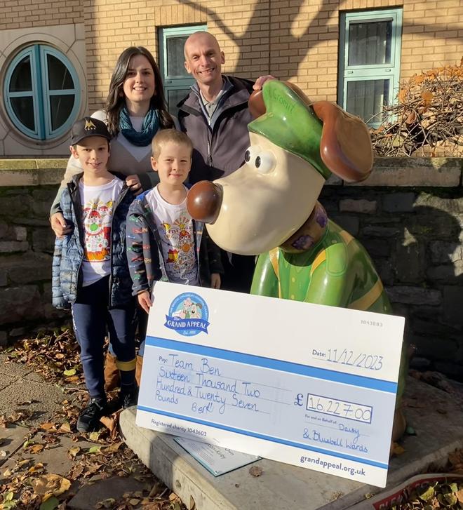 Hiscoke family with Wallace and Gromit Grand Appeal statue at Bristol Children’s Hospital.